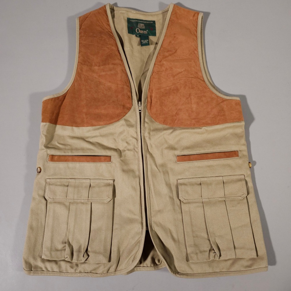Orvis Shooting Vest Mens M Tan Suede Patch Cotton Twill Hunting Field Jacket